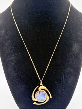 Gold Tone Abalone Shell Pendant Necklace Modernist Statement Jewelry
